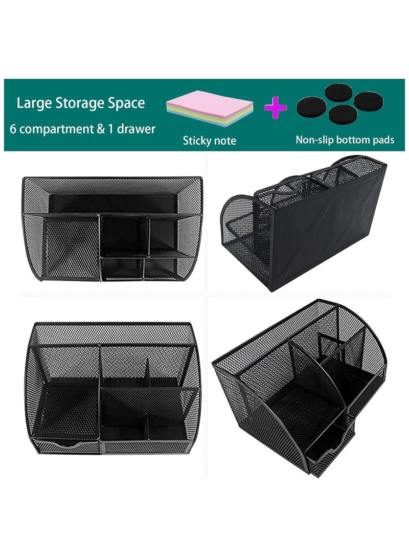 Desk Organizer, Pen Holder Desk Accessories, Metal Mesh Desk Organizers and Storage, Pencil Holder Desk Organizers Office Supplies Caddy Desk Storage with Draw for Home, Office, School (Black) - Image 4