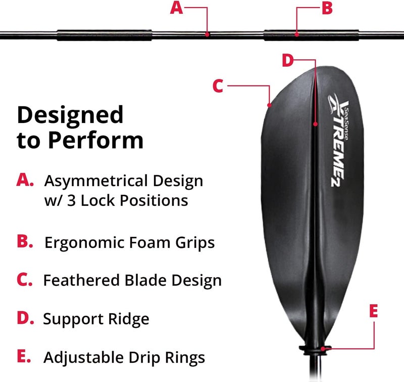 SeaSense مجذاف كاياك Xtreme 2، 96 بوصة - شفرات نايلون مدعمة بالألياف الزجاجية، تصميم من قطعتين - رائع للرياضة، البحر، المياه البيضاء، الترفيه وصيد الأسماك - Image 4