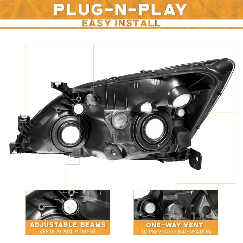 WEELMOTO Headlight Assembly for 2003-2007 Honda Accord, OE Headlamp Replacement, Black Housing, Amber Reflector, Left+Right 2/4-Door - Image 4