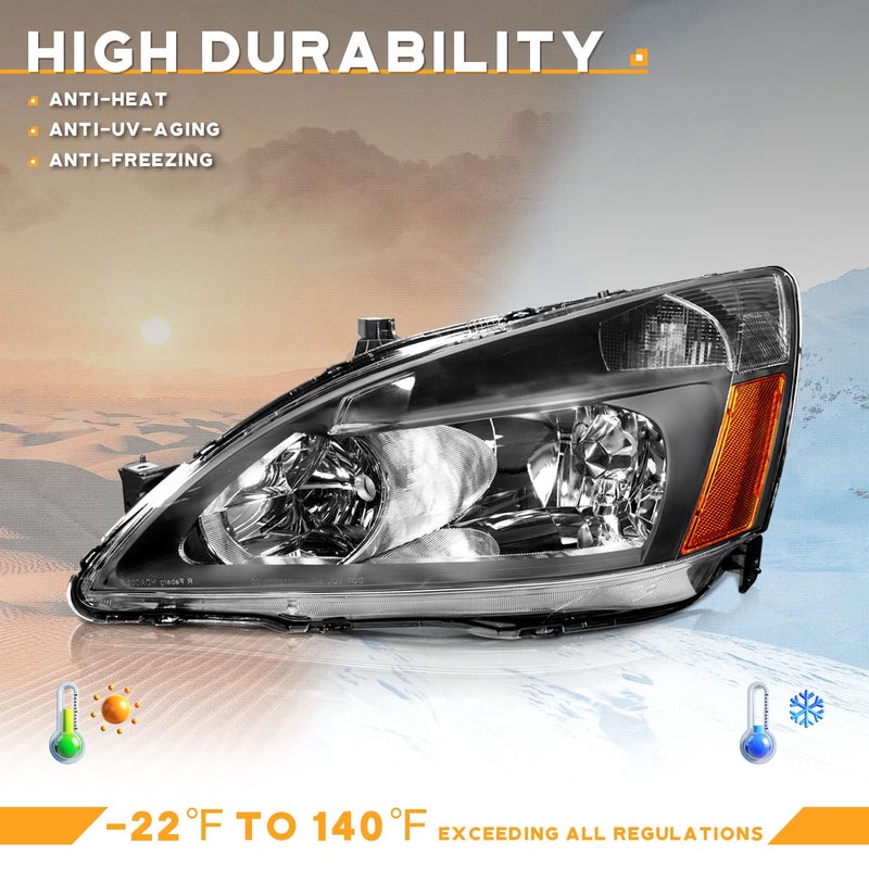 WEELMOTO Headlight Assembly for 2003-2007 Honda Accord, OE Headlamp Replacement, Black Housing, Amber Reflector, Left+Right 2/4-Door - Image 5