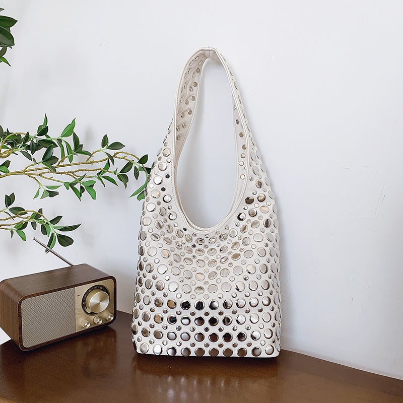 Fashion Handbag For Women 2025 Spring New Casual Bucket Bag Cool Cool Cool Dot Rivet Shoulder Bag - Image 5