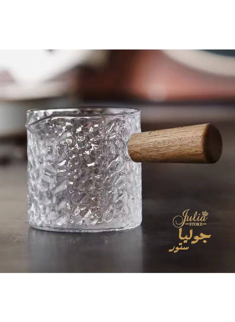 Julia Store Espresso Cups With Wood Handle, 100Ml Glass Serving Pitcher Spout Tea Cup Espresso Shot Glass Milk Frothing Pitcher Creamer Jug for Coffee Tea Milk Maple Syrup  - Image 1