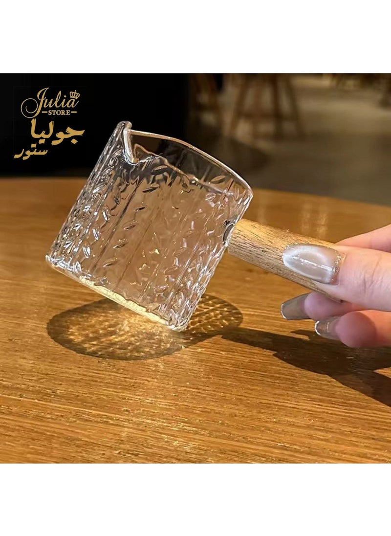 Julia Store Espresso Cups With Wood Handle, 100Ml Glass Serving Pitcher Spout Tea Cup Espresso Shot Glass Milk Frothing Pitcher Creamer Jug for Coffee Tea Milk Maple Syrup  - Image 2