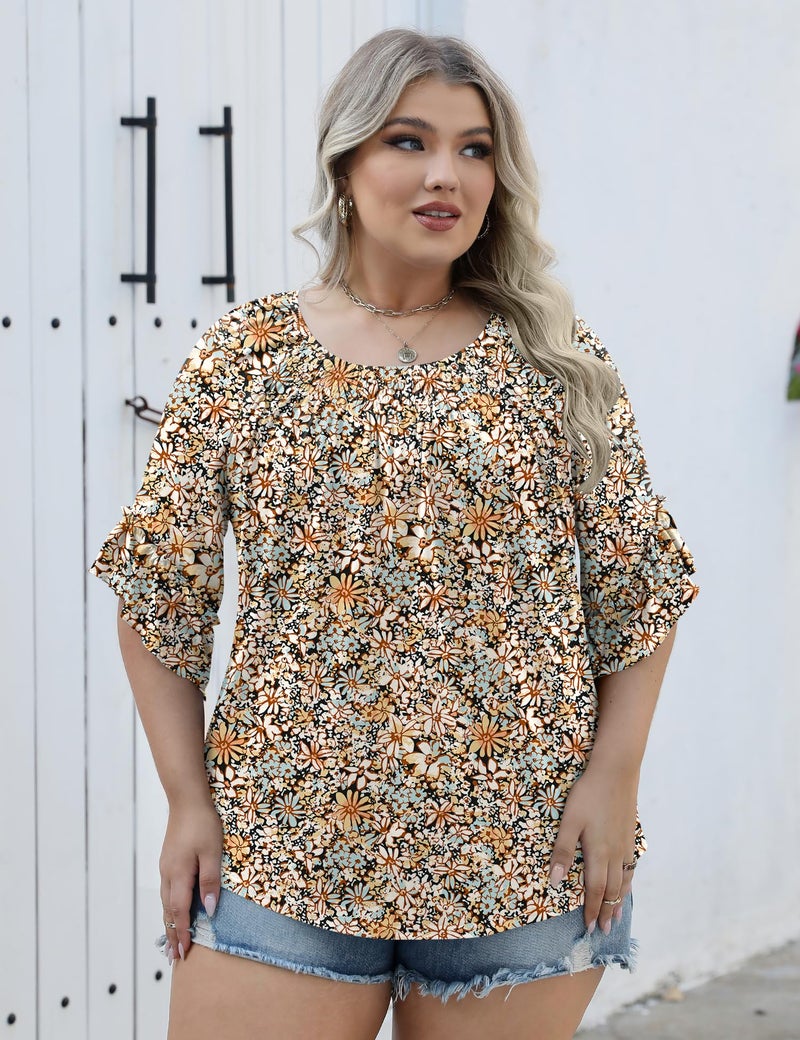 Micoson Plus Size Fall Fashion Tops for Women Floral Pleated Womens Dressy Tops Back to School Crew Neck Blouses Ladies Top - Image 5