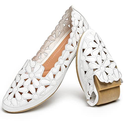HEAWISH Women's Floral Ballet Flats for Women Black Beige Slip On Flowers PU Leather Round Toe Dress Shoes(White,US9.5) - Image 1