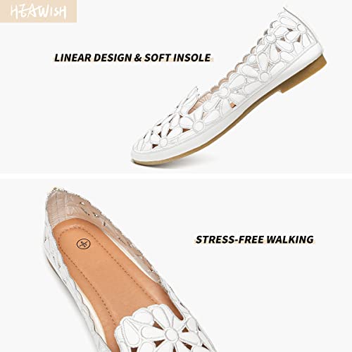 HEAWISH Women's Floral Ballet Flats for Women Black Beige Slip On Flowers PU Leather Round Toe Dress Shoes(White,US9.5) - Image 5