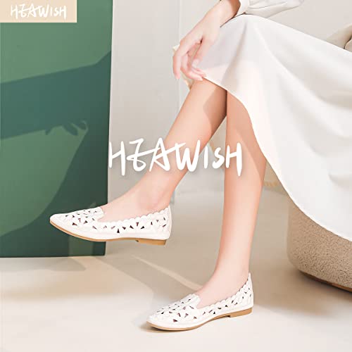 HEAWISH Women's Floral Ballet Flats for Women Black Beige Slip On Flowers PU Leather Round Toe Dress Shoes(White,US9.5) - Image 2