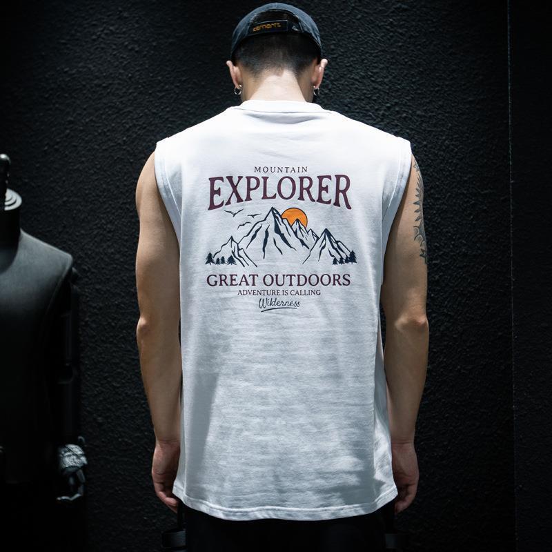 Spring and Summer sleeveless T-shirt vest mens loose fashion brand ins plus size waistcoat half sleeve American sports short sleeve T-shirt 12 White [EXPLORER]]