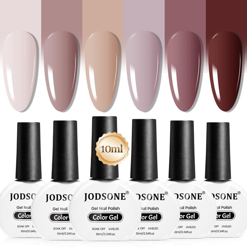 JODSONE 10ml Nude Brown Gel Nail Polish Set 6Colors Long Lasting Neutral Brown Red Purple Pink Gel Nail Polish Lacquer Glossy Art for Nail and Salon Need U V Lamp - Image 1