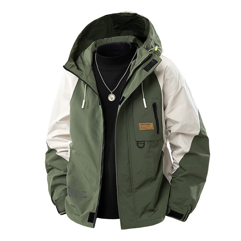 Men'S Hooded Color-Blocked Large Size Trendy Jacket Youthful Loose Plus Fat Plus Versatile Casual Letter Printed Jacket - Image 1