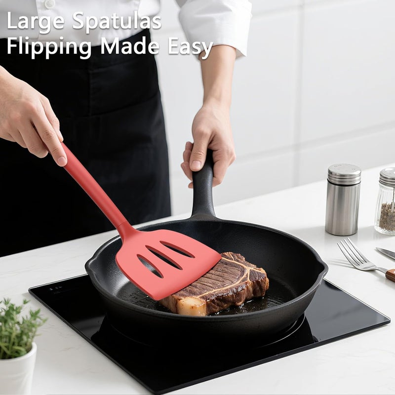 Coukre 3 Pack Silicone Spatula Set, High Heat Resistant, BPA-Free, Fish Spatula, Solid & Slotted Turner for Non-Stick Pans, Flipping Eggs, Pancakes, Fish, Burgers (3, PureRed) - Image 3