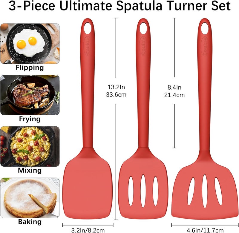 Coukre 3 Pack Silicone Spatula Set, High Heat Resistant, BPA-Free, Fish Spatula, Solid & Slotted Turner for Non-Stick Pans, Flipping Eggs, Pancakes, Fish, Burgers (3, PureRed) - Image 2