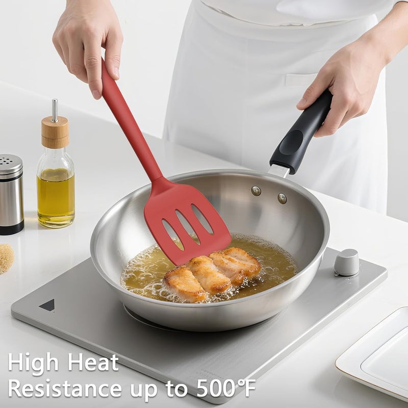 Coukre 3 Pack Silicone Spatula Set, High Heat Resistant, BPA-Free, Fish Spatula, Solid & Slotted Turner for Non-Stick Pans, Flipping Eggs, Pancakes, Fish, Burgers (3, PureRed) - Image 4
