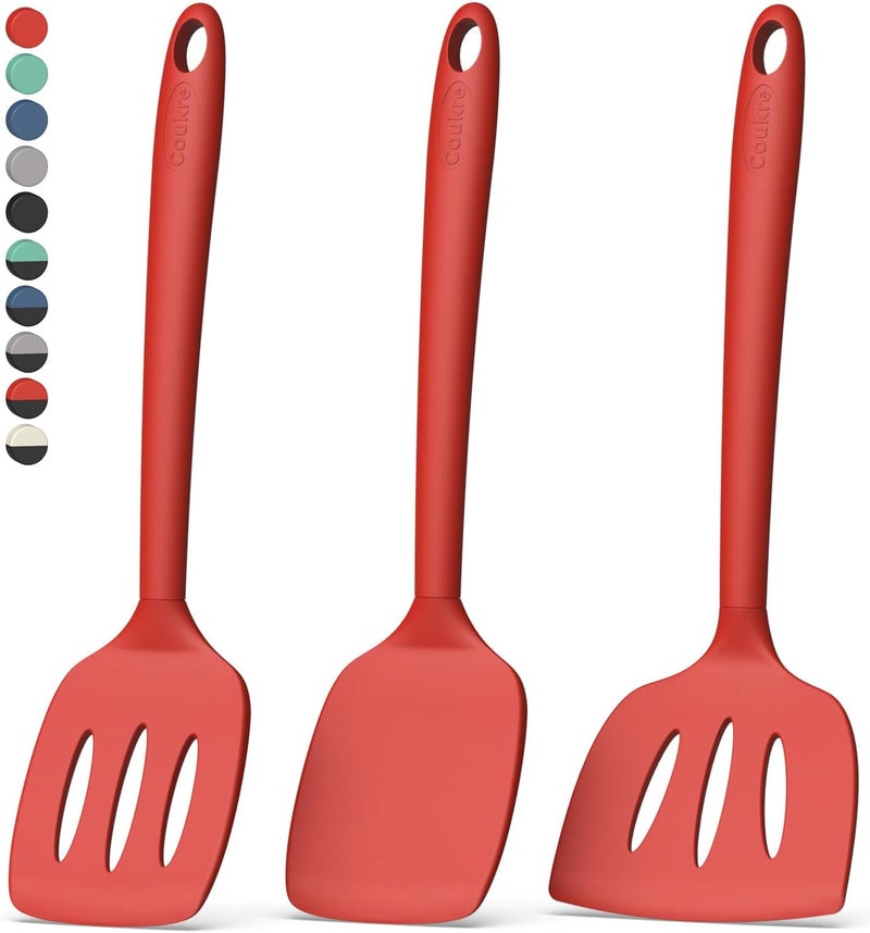 Coukre 3 Pack Silicone Spatula Set, High Heat Resistant, BPA-Free, Fish Spatula, Solid & Slotted Turner for Non-Stick Pans, Flipping Eggs, Pancakes, Fish, Burgers (3, PureRed) - Image 1