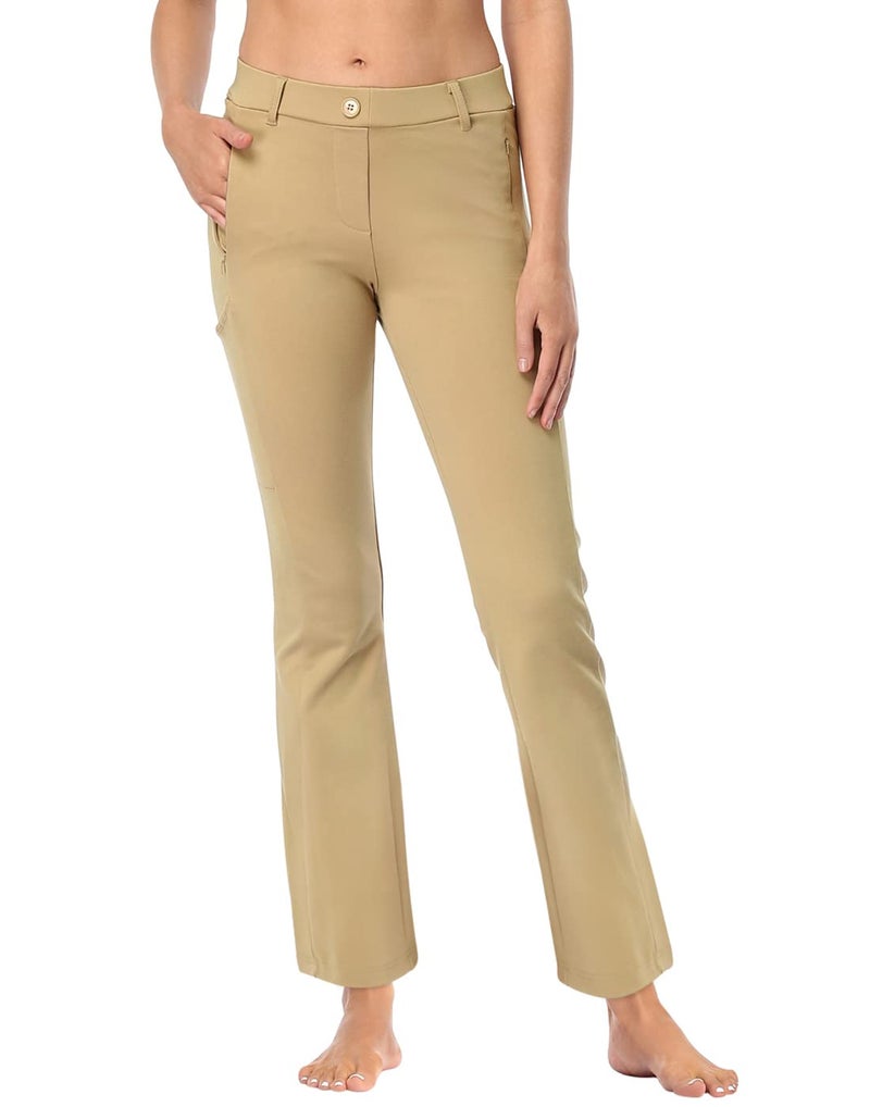 HDE Yoga Dress Pants for Women Straight Leg Pull On Pants with 8 Pockets Khaki L Long