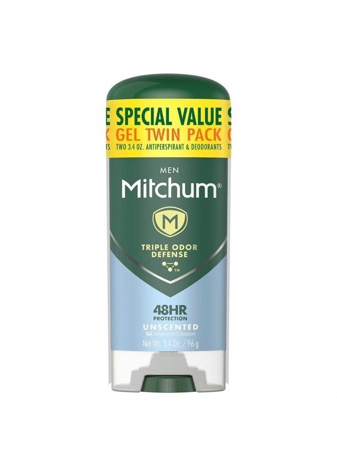 Mitchum Men's Deodorant, Antiperspirant, Triple Odor Defense Gel Stick, 48 Hr Protection, Dermatologist Tested, Alcohol Free, Unscented, 3.4 Oz (Pack of 2) - Image 1