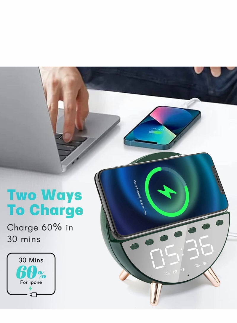 Excefore Alarm Clock, Radio Clock with Wireless Charging, USB Port, Mains Powered, Digital Bedside Bluetooth Speaker for Bedroom (Green) - Image 4