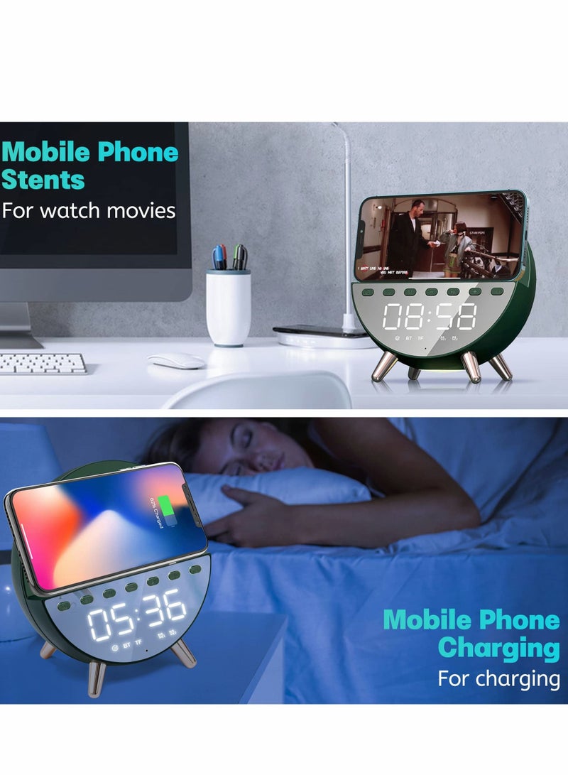 Excefore Alarm Clock, Radio Clock with Wireless Charging, USB Port, Mains Powered, Digital Bedside Bluetooth Speaker for Bedroom (Green) - Image 2