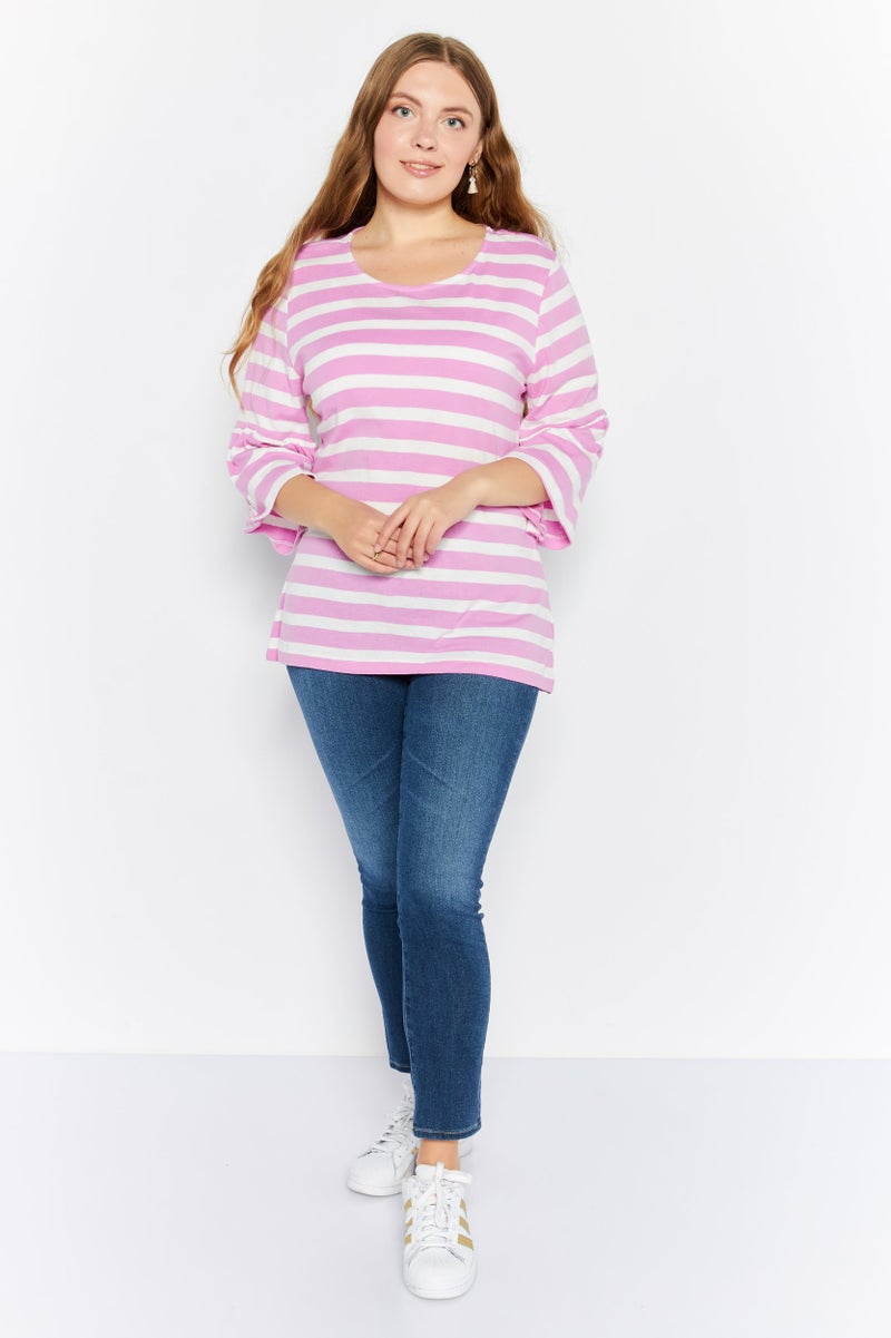 Jones New York Women Crew Neck Bell Sleeve Striped Top, Pink - Image 3