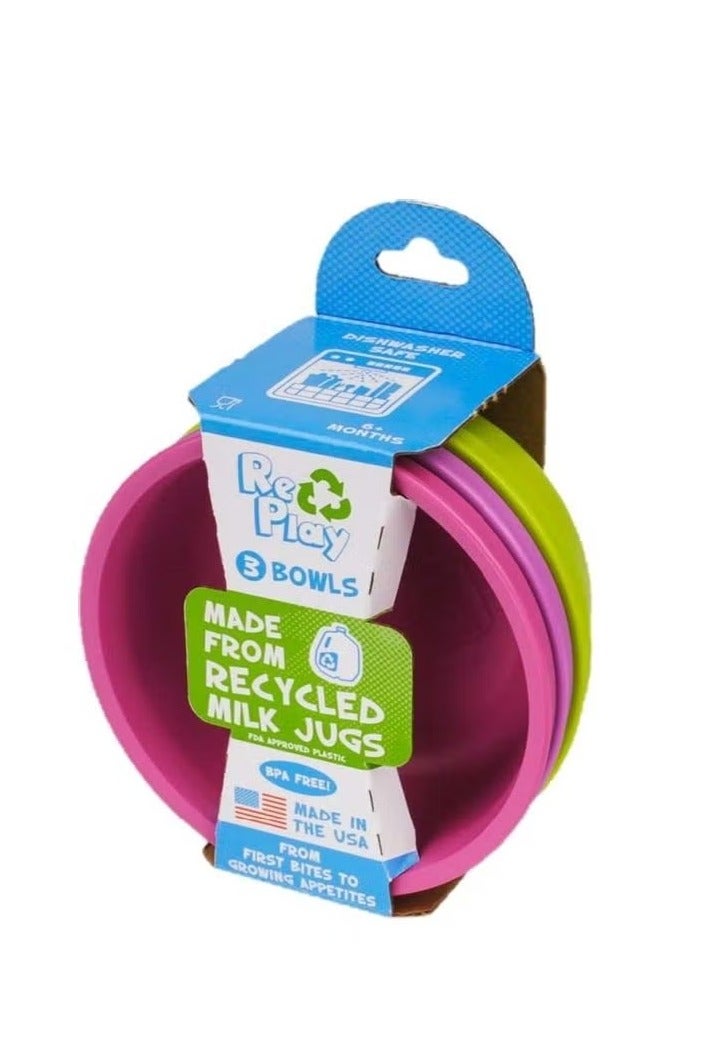 ري-بلاي 3 عبوات من الأطباق - بنفسجي | وردي ساطع | ليموني | سعة 12 أوقية | آمن للميكروويف | قابل للتكديس | متين | مصنوع من البلاستيك المعاد تدويره | آمن للغسل في غسالة الصحون | خالي من BPA وBPS | مثالي للأطفال والكبار