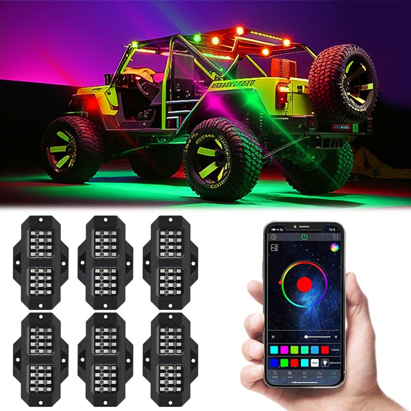 6 مجموعات من أدوات مصابيح الصخور LED، مصابيح سيارة LED ملونة، شرائط إضاءة بالتحكم عبر تطبيق، مقاومة للماء بنموذج IP68، ضبط السطوع، اتصال بتا 5.0، مزامنة مع الموسيقى، للشاحنات الاقليمية والسيارات الحقبة (SUV) والمركبات الاقليمية ذات الأربع عجلات (ATV) والمركبات الاقليمية ذات الأربع عجلات المقفلة (UTV) والقوارب - Image 2