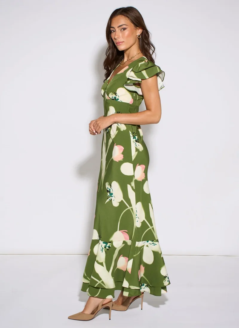 Gini London  Green Floral Ruffle Maxi Dress for Women | Best Price UAE