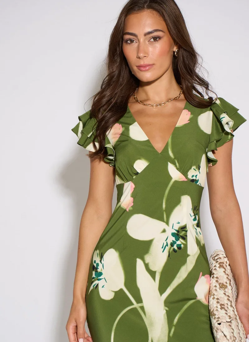Gini London  Green Floral Ruffle Maxi Dress for Women | Best Price UAE