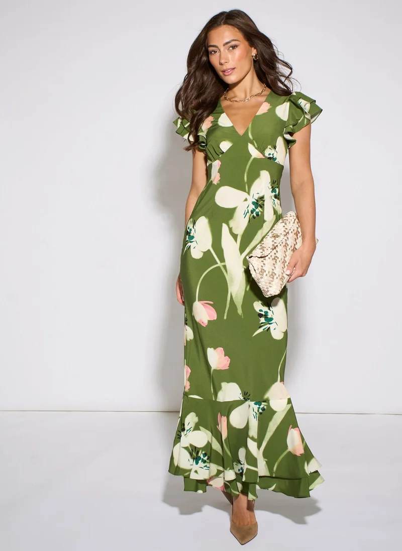 Green Floral Ruffle Maxi Dress