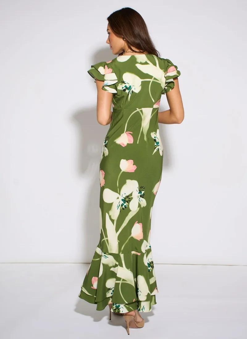 Gini London  Green Floral Ruffle Maxi Dress for Women | Best Price UAE