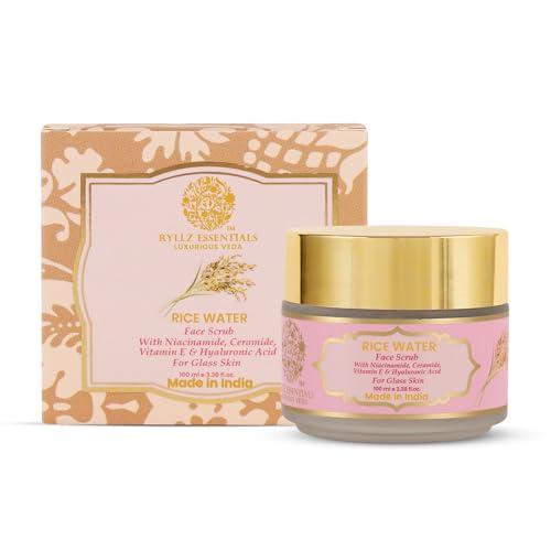 RYLLZ ESSENTIALS Rice Water Face Scrub | with Niacinamide, Hyaluronic Acid, Ceramide & Vitamin C | for Glass Skin, Dull Skin, Dead Skin Cells, Whiteheads, Blackheads, Dark Spots, Uneven & Dull Skin | Exfoliating Scrub | For All Skin Types | Korean Skincare | 100ml - Image 1