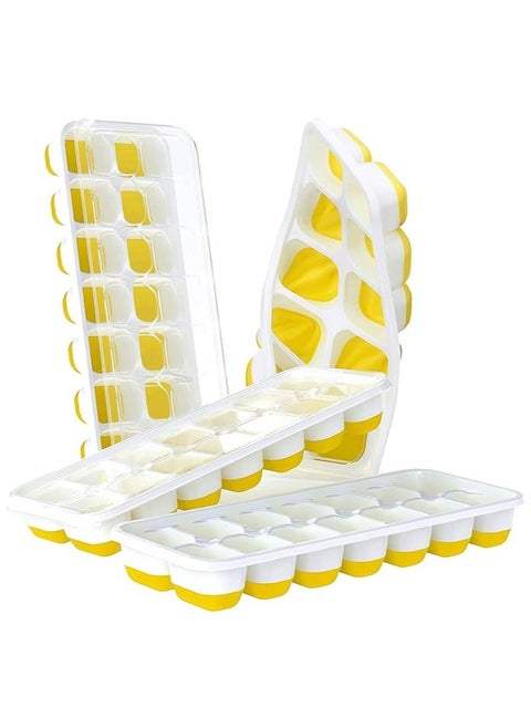 4 Piece Pack, Easy-Release Flexible & Silicone 14-Ice Trays with Spill-Resistant Removable Lid, and BPA Free, for Cocktail, Freezer, Stackable Chocolate Trays with Lids ( Yellow )