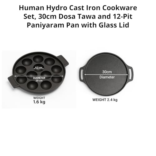 Human Hydro Cast Iron Cookware Set, 30cm Dosa Tawa and 12-Pit Paniyaram Pan with Glass Lid - Image 2