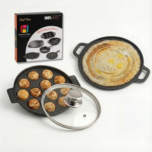 Human Hydro Cast Iron Cookware Set, 30cm Dosa Tawa and 12-Pit Paniyaram Pan with Glass Lid - Image 1