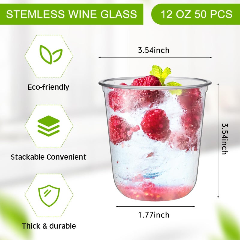 Ziliny 50 Pcs Disposable Stemless Glasses 12oz Crystal Plastic Wine Glasses Clear Classic Pet Cup for Meeting Weddings Birthdays Cocktail Christmas Party Supplies (Clear) - Image 3
