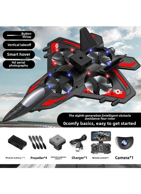 Four-rotor Remote Control Aircraft Obstacle Avoidance Foam Fighter Children Fixed-wing Drone Toy Aircraft With Lights-Color:Zy-906 Red Aerial Photography Version + Obstacle Avoidance + Fixed Height + Lanterns