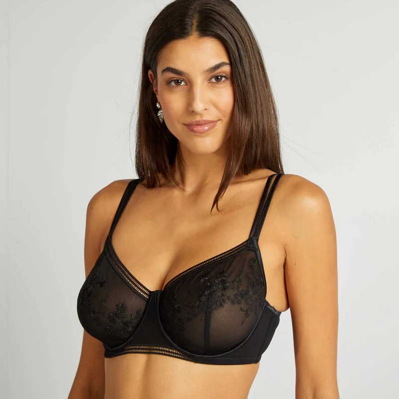 Kiabi Embroidered Mesh Demi-Cup Bra For D&amp;E Cups Black