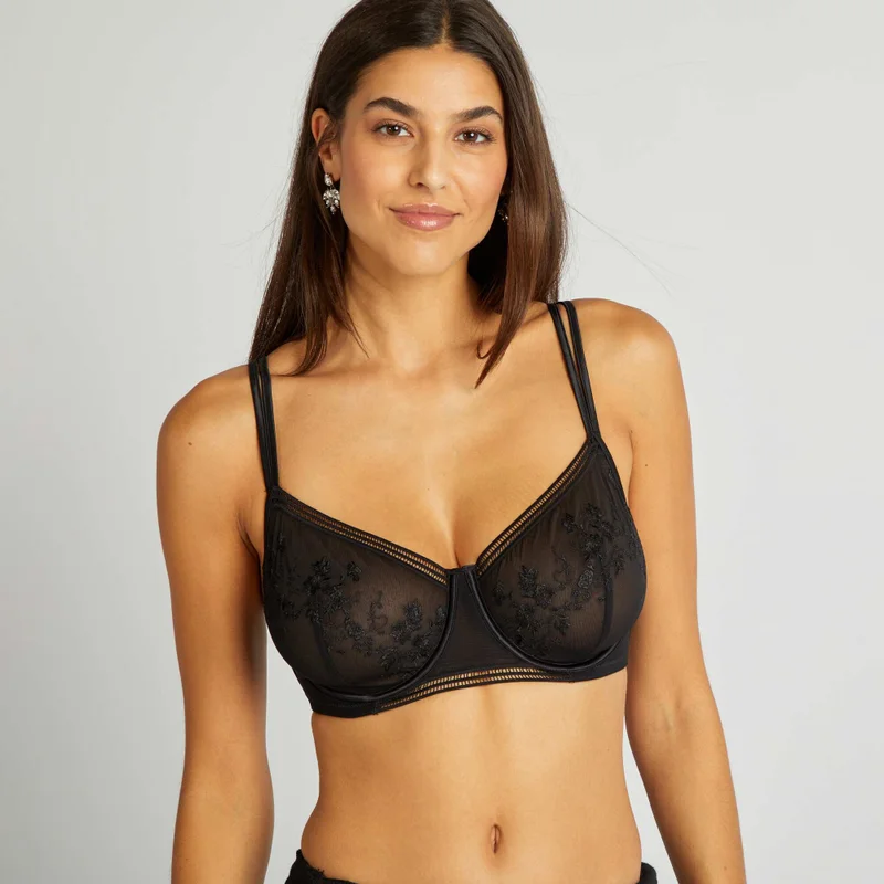 Kiabi Embroidered Mesh Demi-Cup Bra For D&amp;E Cups Black