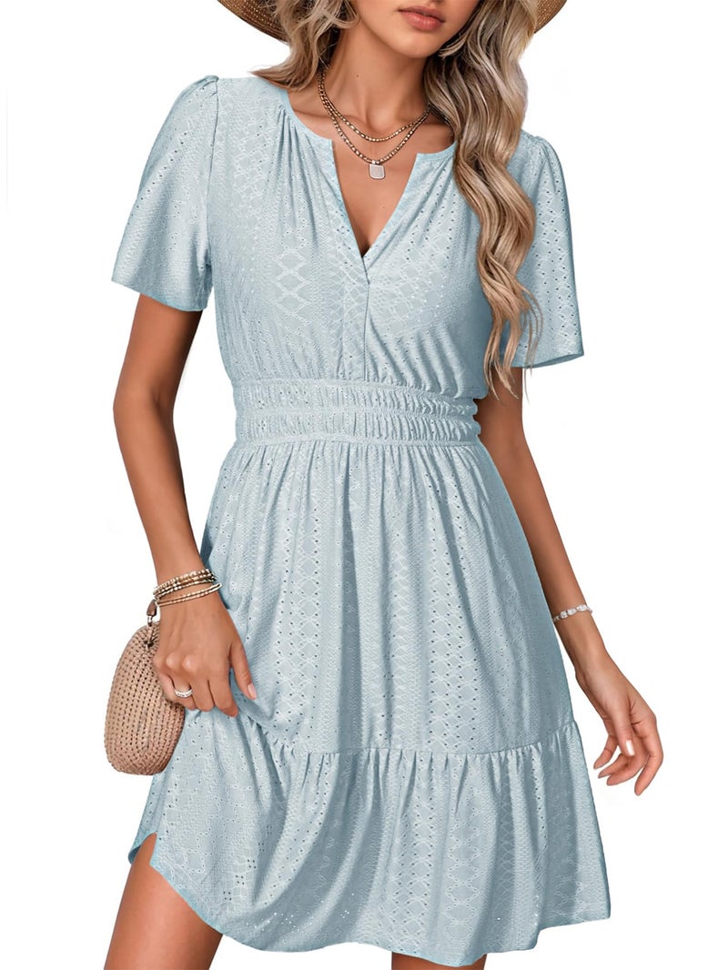 Simplee Apparel Simplee Womens 2026 Summer Eyelet Mini Dress Short Sleeve Cocktail Short Dresses Cute A Line Sun Dress with Pockets(Blue L) - Image 1