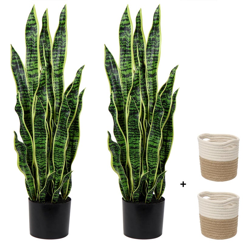 DILATATA 2 Set Large Fake Snake Plant 35 Inch Sansevieria Plant Artificial Snake Plants in Pots with Woven Basket Faux Mother In Law Tongue Plant - 30 Leaves Fake Laurentii for Indoor Outdoor Home Office Decor - Image 1