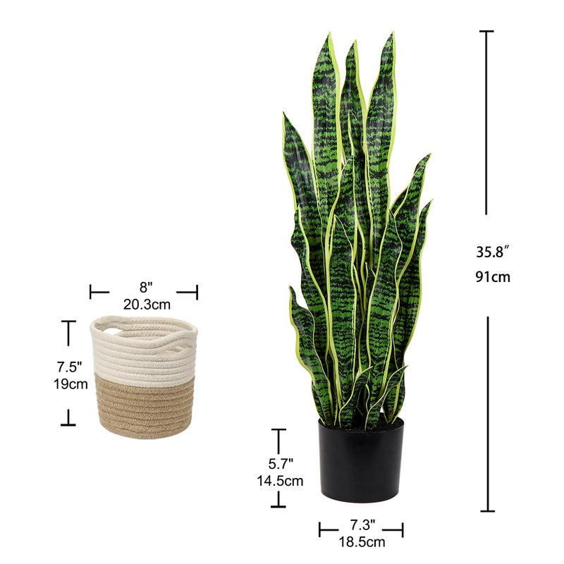 DILATATA 2 Set Large Fake Snake Plant 35 Inch Sansevieria Plant Artificial Snake Plants in Pots with Woven Basket Faux Mother In Law Tongue Plant - 30 Leaves Fake Laurentii for Indoor Outdoor Home Office Decor - Image 5