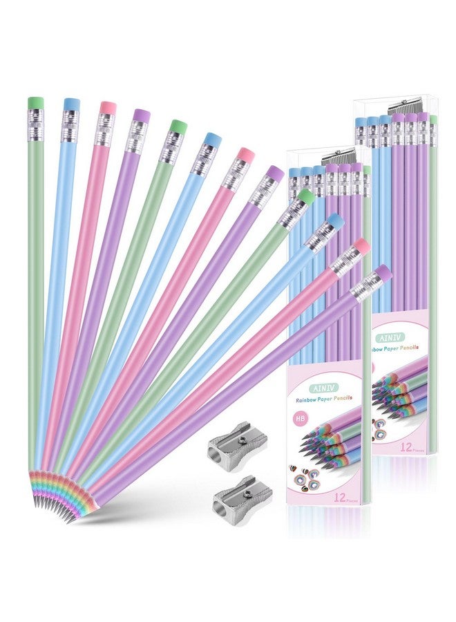 Ainiv 24Pcs Eco-Friendly Wood & Plastic Free Recycled Rainbow Paper Pencils #2 Hb Pencils Number 2 Pencils Erasers Toppers With 2 Pencil Sharpener, Macaron Colored Pencils For School Office Supplies - Image 1