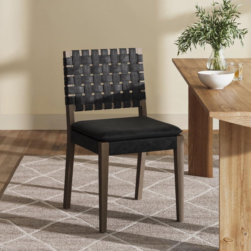 Nathan James Cohen 19 in Wood Dining Chair MidCentury Modern Upholstered Side Chair with Hand Woven Faux Leather Backrest Black