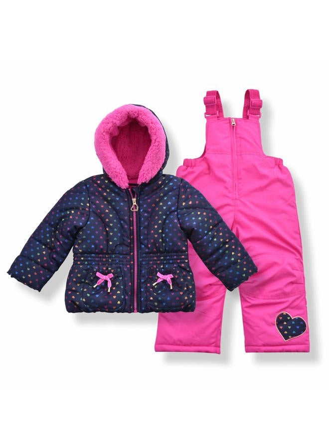 Arctic Quest girls Bib Snow Pants and Ski Jacket Water-resistant Snowsuit for Kids Winter Hooded Jacket, Navy & Pink, 4 - Image 1