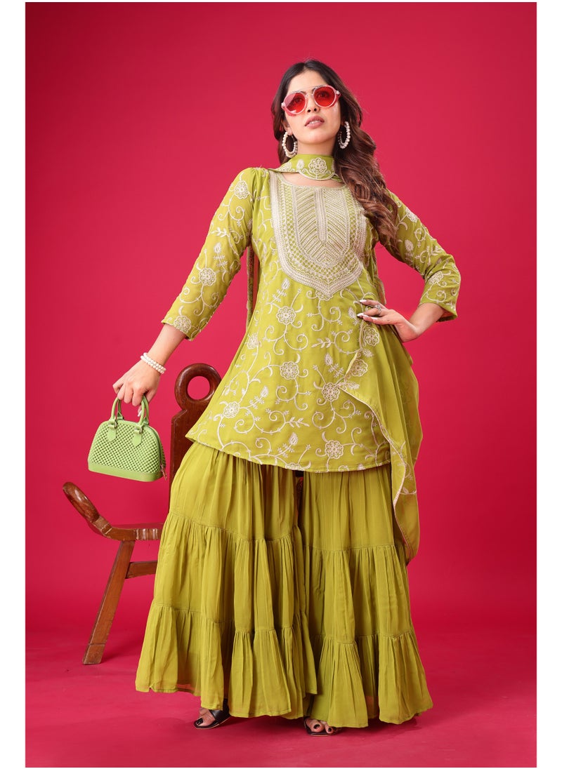 Super Asian Designer Heavy Georgette Embroidered Top-Sharara Set with Dupatta – Fully Stitched & Ready to Wear  - Image 1