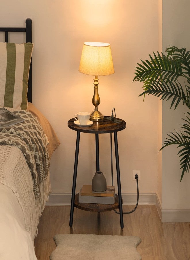 HOOBRO طاولة جانبية دائرية من هوبرو مزودة بمحطة شحن، طاولة جانبية دائرية صغيرة من طبقتين، طاولة زينة دائرية لغرفة المعيشة أو غرفة النوم، لون بني ريفي BF671BZ01 - Image 5