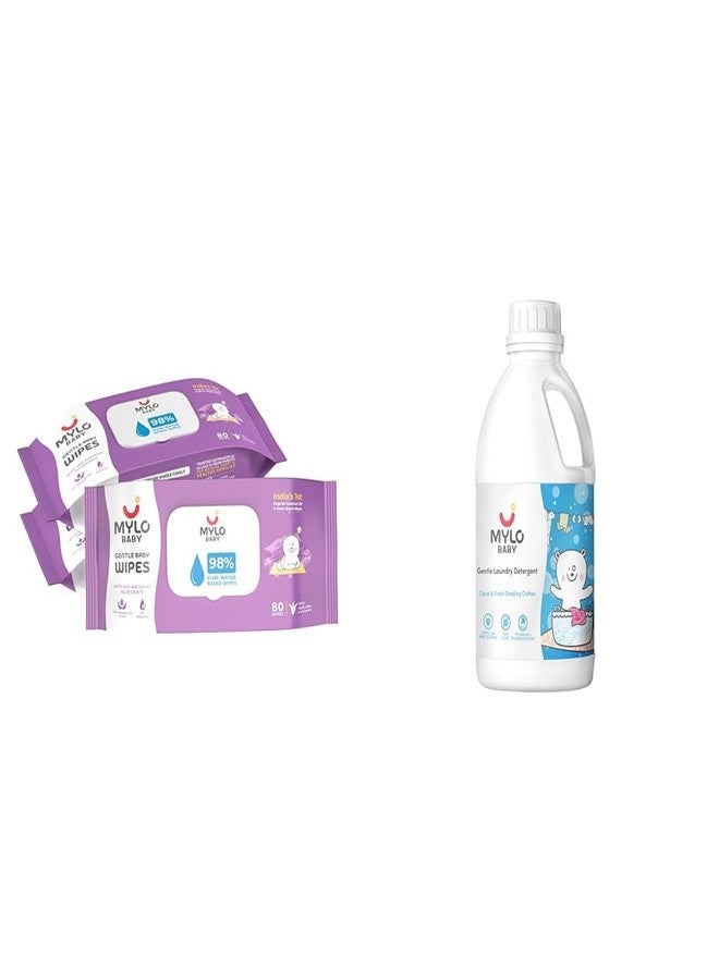 Mylo Baby Gentle Wipes With Lid (Pack of 3) | 80 Wipes & Mylo Baby Detergent Liquid For Clothes 1 Litre | 98% Pure Water | Anti - Bacterial | No Harmful Chemicals, No Allergens & No Artificial Colours
