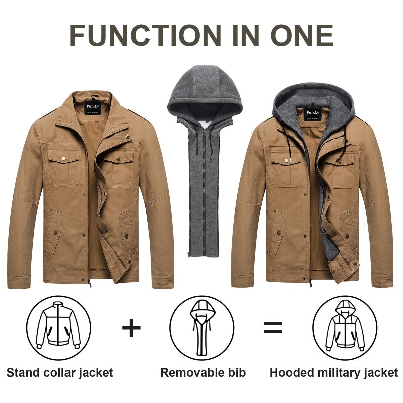 Pursky Men's Winter Jacket Hoodies Causal Cotton Work Coat Classic Outerwear Khaki 3XL - Image 2