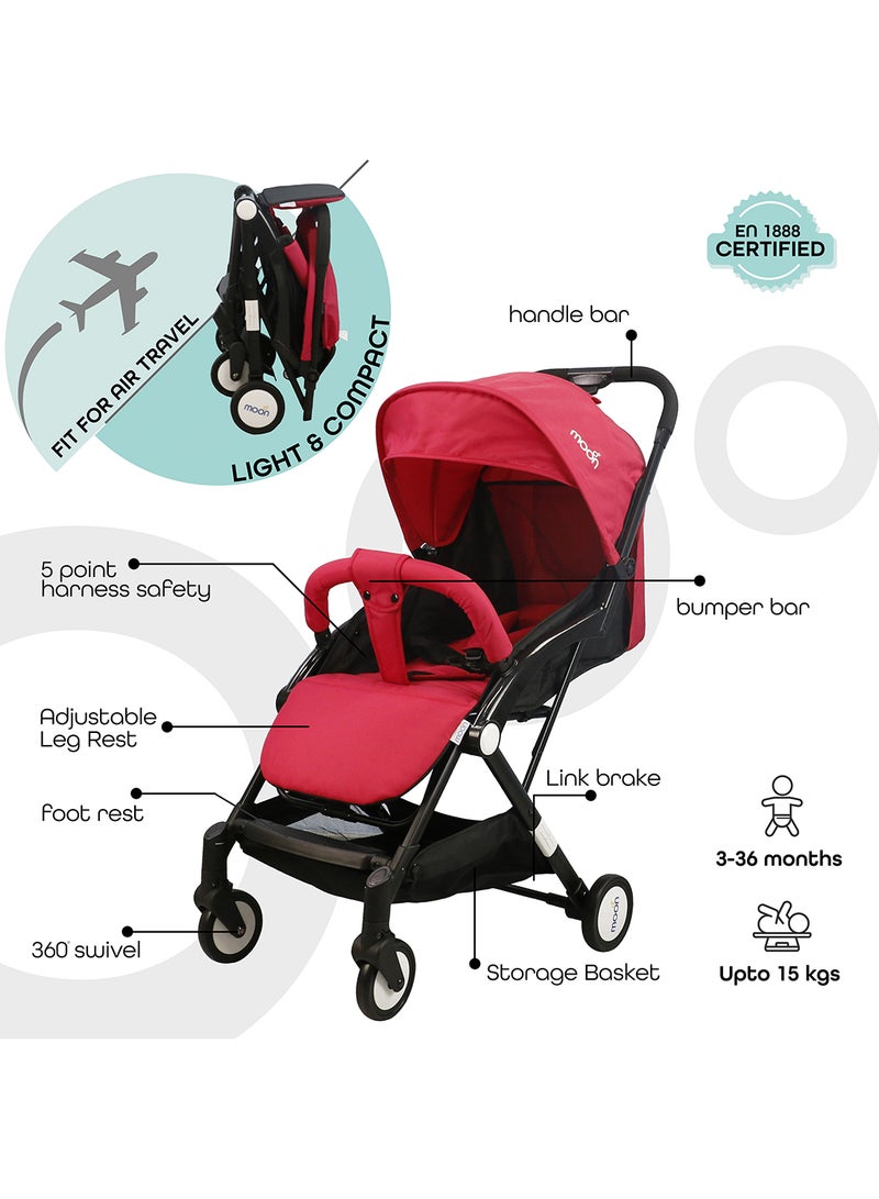 Moon Compact Stroller – Fold, Cabin-Approved, Air Travel Friendly, Lightweight, Easy Carry, for 0–3Y (0–18kg) – Fire Red - Image 2