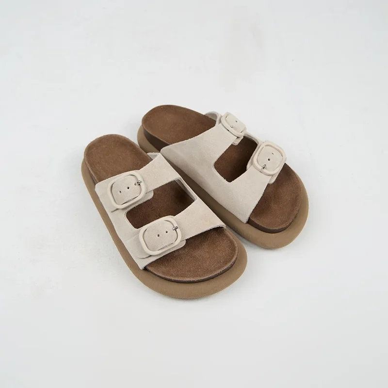 Manijero Manijero (Lavanda 2) Women's Genuine Leather Double Buckle Beige Slippers
