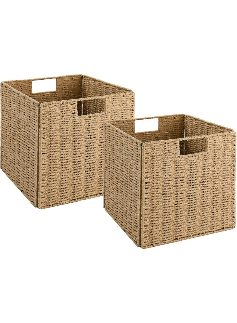 سلة خوص من قطعتين، 28 سم × 26 سم × 28 سم، سلال تخزين من حبل ورقي منسوج للأرفف، صندوق تخزين مكعب قابل للطي مع مقبض، سلة تخزين للتنظيم والديكور، لون الكراميل - Image 1